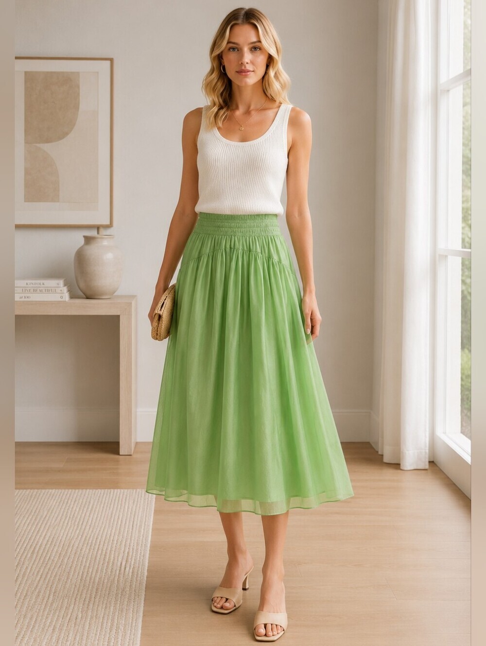 VINCE NWT Smocked Waist Pull On Skirt in Sprout